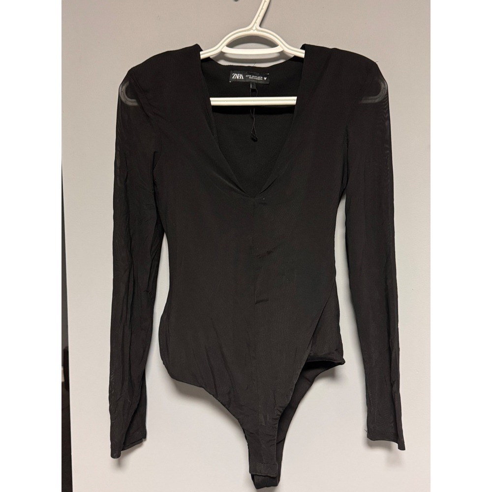 Zara Black V-Neck Bodysuit Sheer Long Sleeve Padded Shoulder Side Zip Party XS